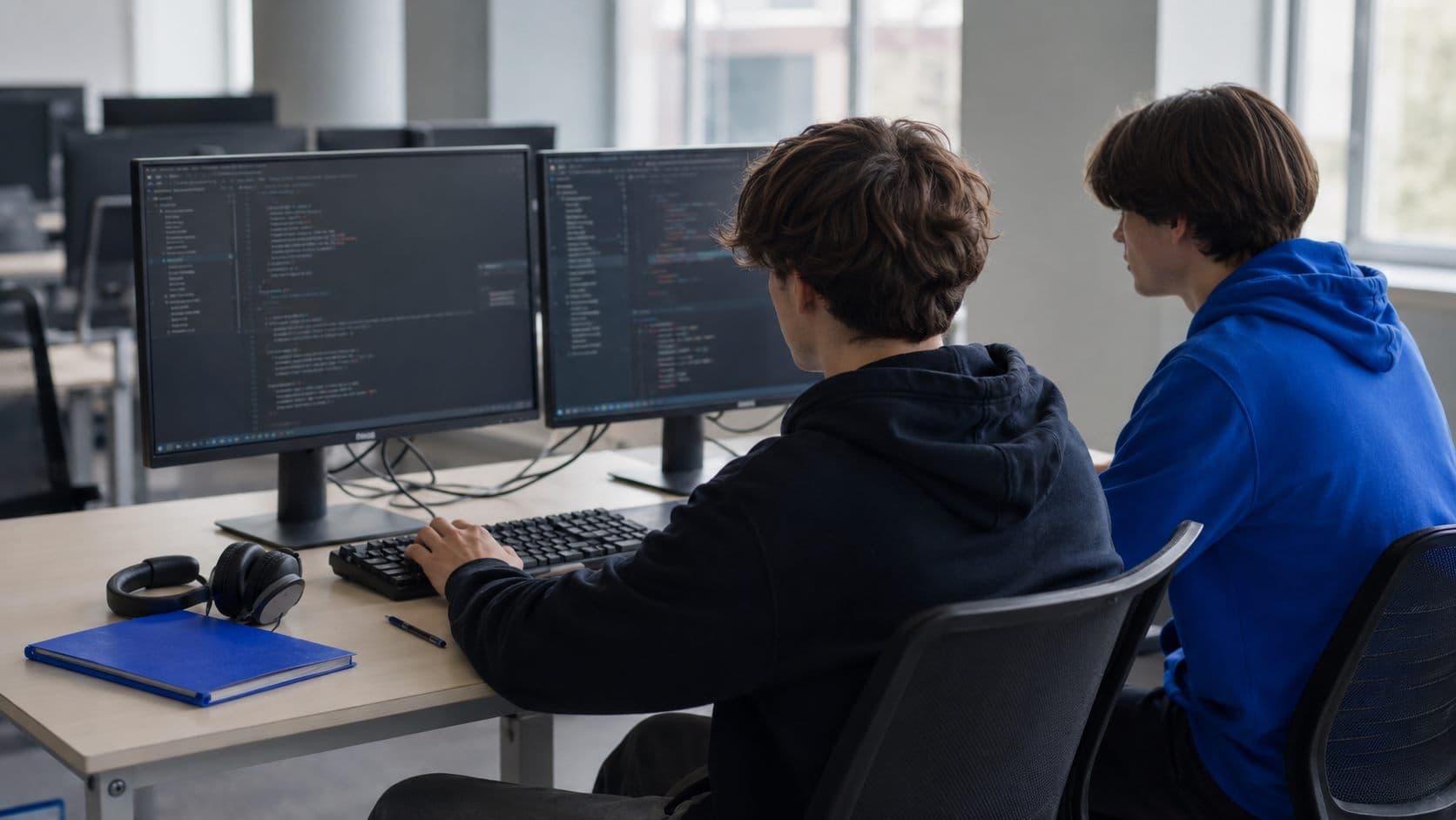 Студенты пишут код за двумя мониторами в компьютерном классе